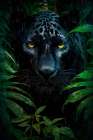 Black leopard face in a rainy jungle foliage. AI Generated. Art Print
